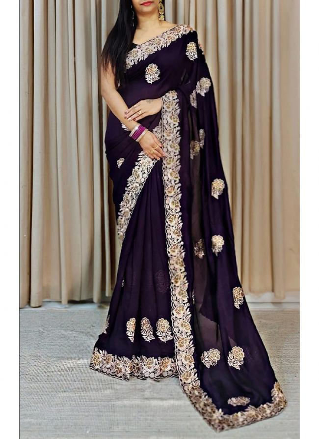 Vichitra Purple Traditional Wear Embroidery Work Saree